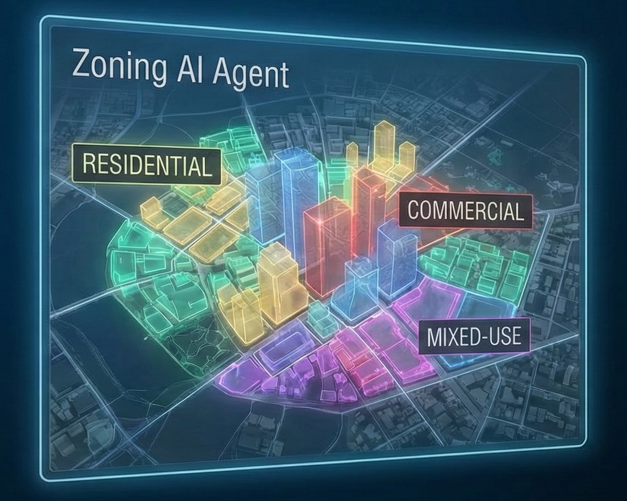 Digital visualization of zoning codes transforming into interactive data for smart cities.