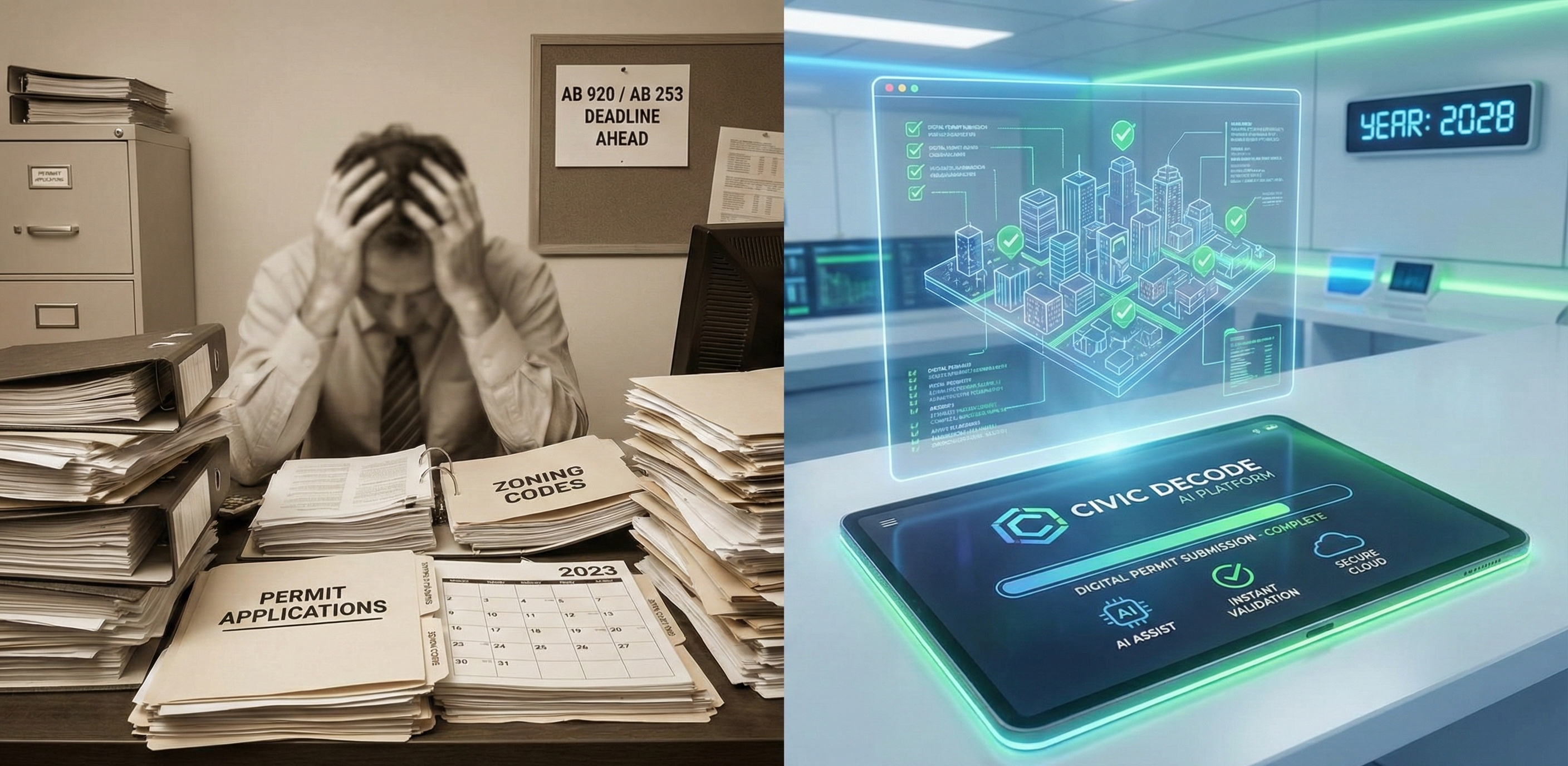 Comparison graphic: A messy stack of paper permits labeled 'Pre-2028' vs. a clean Civic Decode AI interface labeled 'Post-2028'